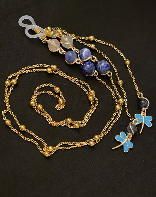 ✨ Elegant Gold Crystal Eyewear Chain with Dragonfly Charm; Morganite, Sodalite and Lapis Lazuli ✨