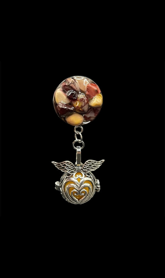 ✨ Earthly Elegance: Mookaite Jasper Car AC Vent Clip with Heart and Angel Wings Cage ✨