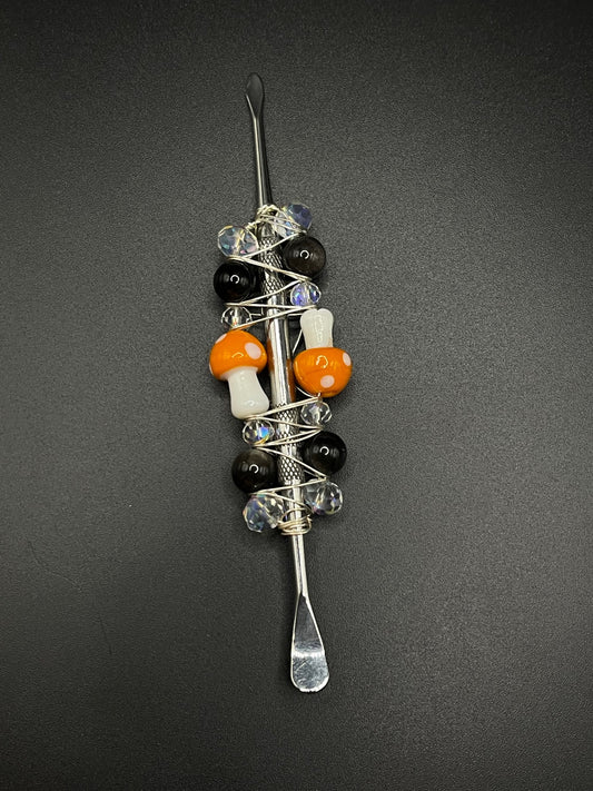 ✨ Dabbing Delight: Silver Sheen Obsidian Crystal Dab Tool with Orange Mushroom Accents ✨