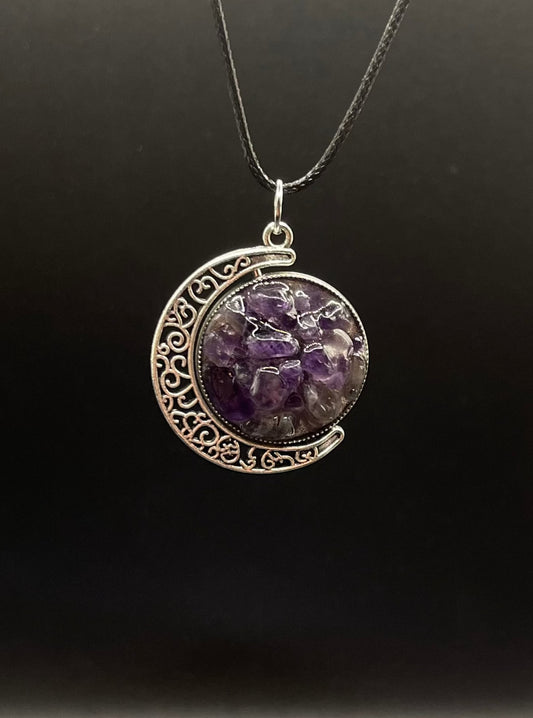 Crystal Fidget Spinner SILVER Moon Necklace, Double-Sided with Amethyst and Rainbow Moonstone