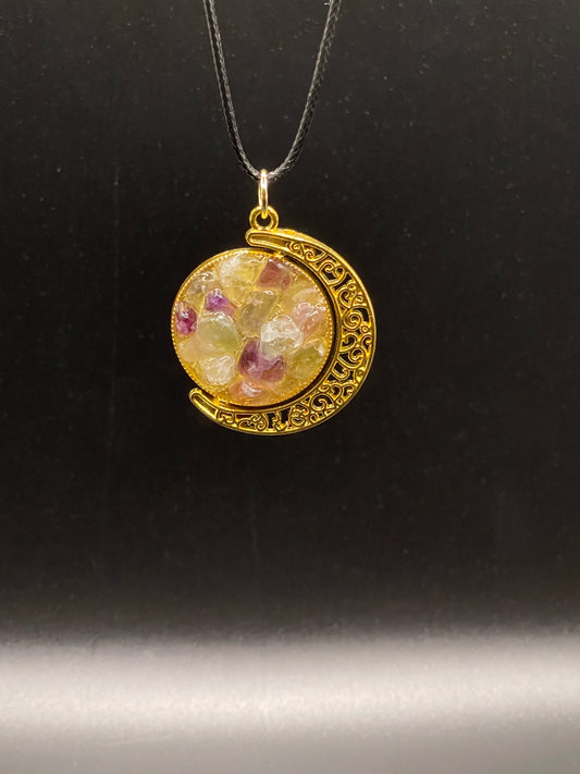 Crystal Fidget Spinner GOLD Moon Necklace, Double-Sided with Rainbow Fluorite and Amethyst