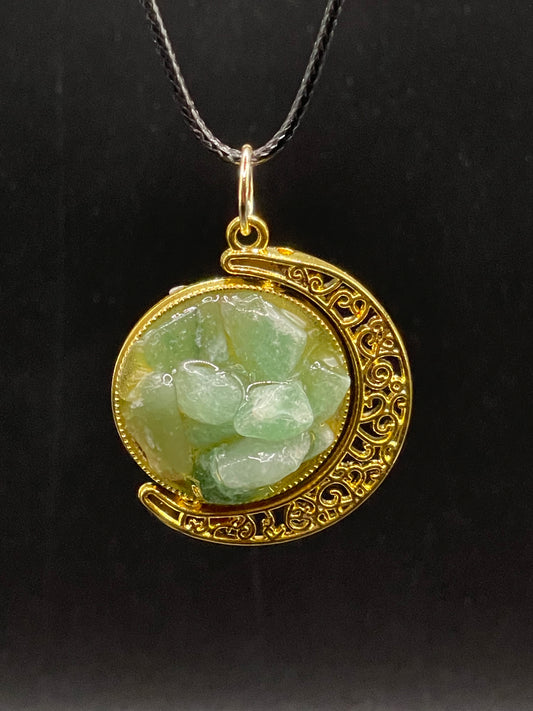 Crystal Fidget Spinner GOLD Moon Necklace, Double-Sided with Rainbow Fluorite and Green Aventurine