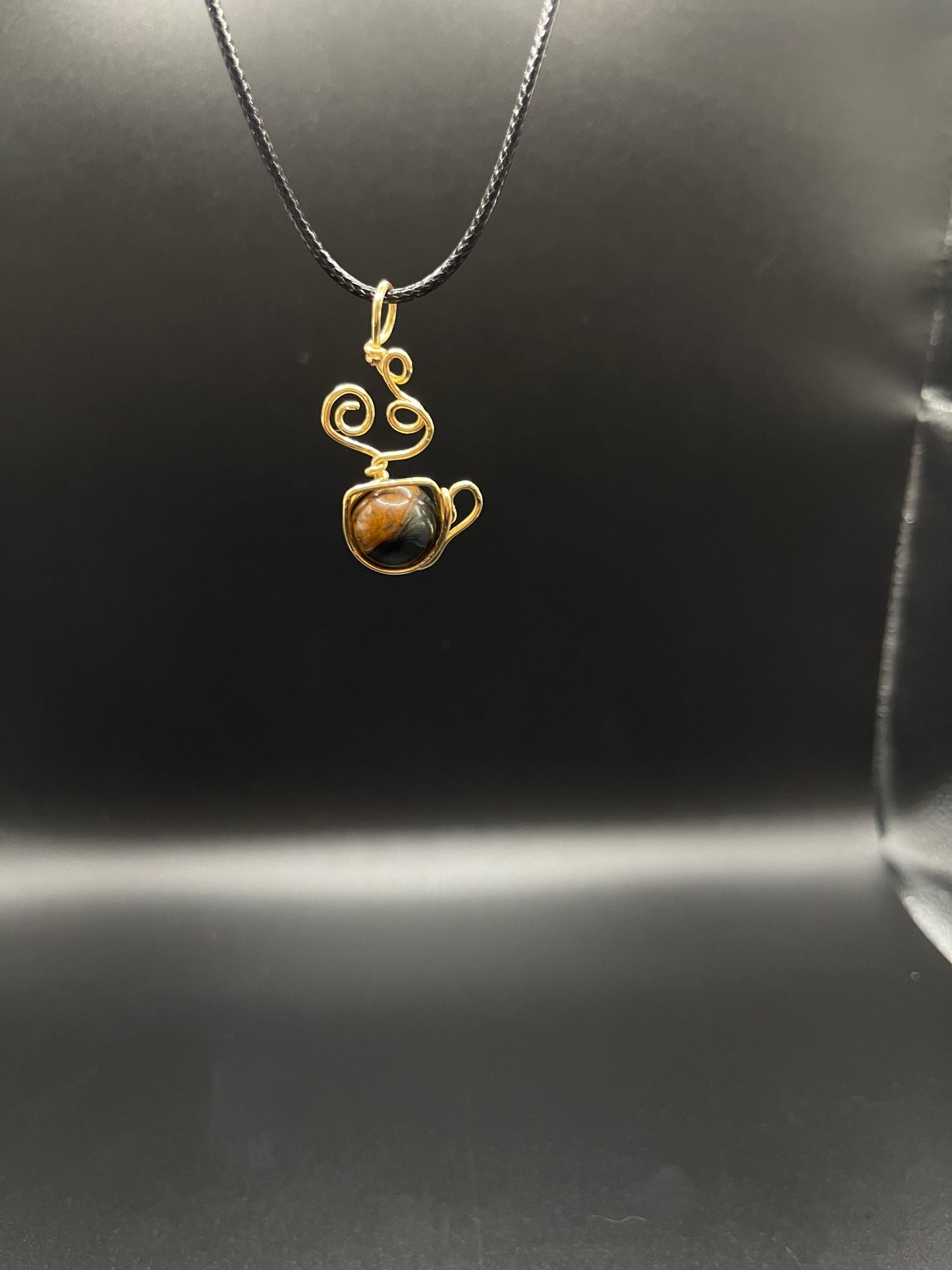 ✨ Soulful Infusions: Tiger’s Eye Gold Copper Wire-Wrapped Tea Pot with Adjustable Rope Necklace ✨