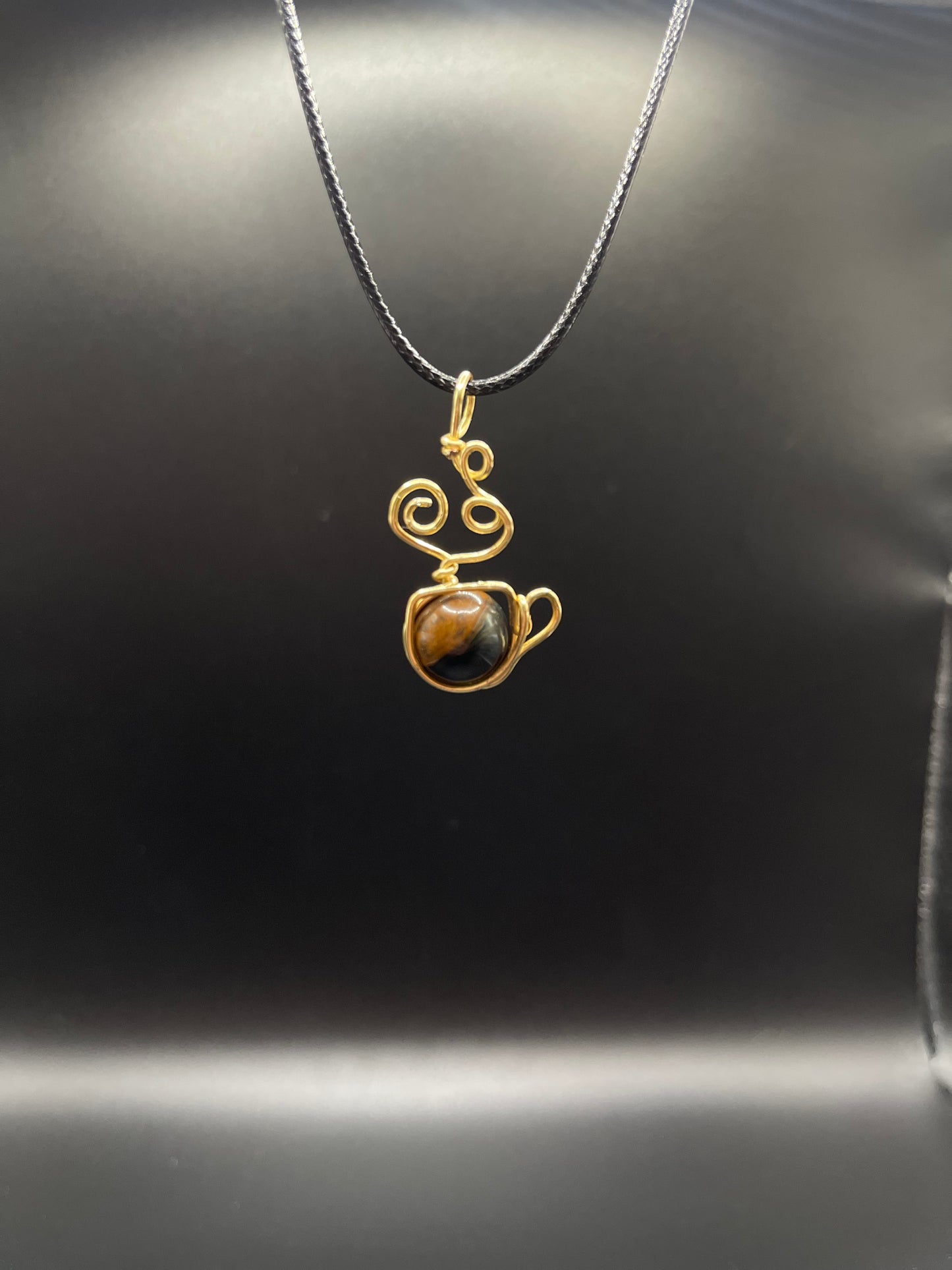 ✨ Soulful Infusions: Tiger’s Eye Gold Copper Wire-Wrapped Tea Pot with Adjustable Rope Necklace ✨