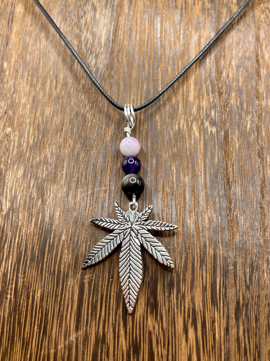 ✨ Nature’s Harmony: Kunzite, Amethyst and Silver Sheen Obsidian Crystal Necklace with Marijuana Leaf Charm ✨