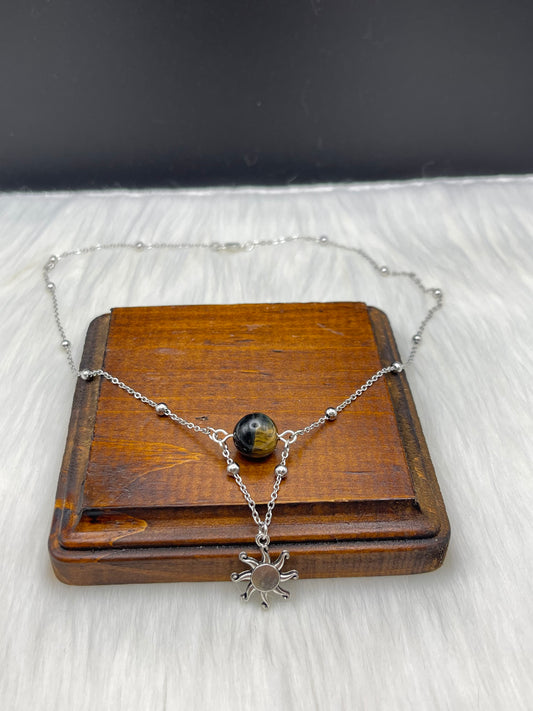 Elegant Handcrafted Tigers Eye Necklace with Sun / Solar Charm on a Stainless Steel Chain