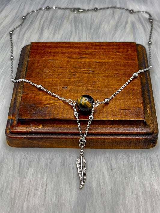 Elegant Handcrafted Tigers Eye Necklace with Feather Charm on a Stainless Steel Chain