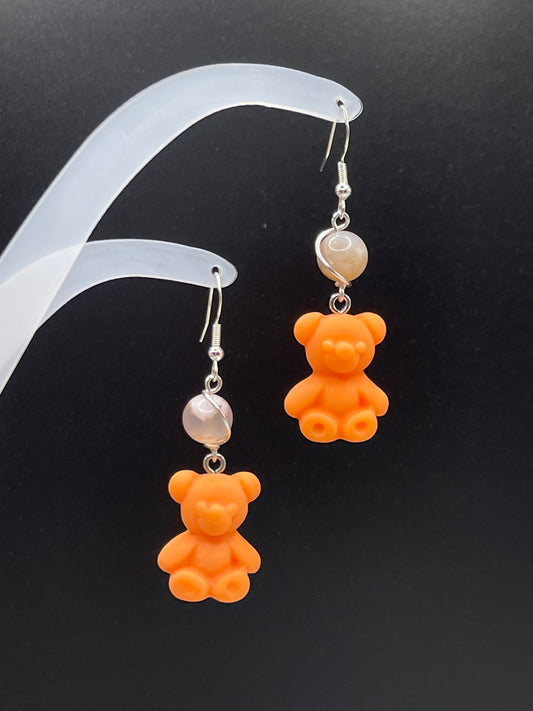 Dangly Teddy Bear Crystal Earrings with Natural Flower Agate