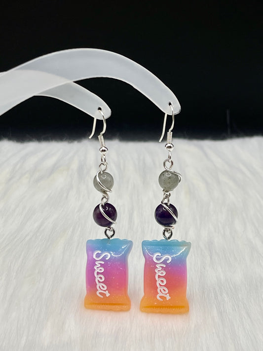 Dangly Candy Crystal Earrings with Labradorite and Amethyst