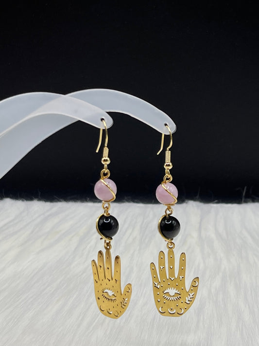 ✨ Divine Protection: Kunzite and Obsidian Gold Earrings with Evil Eye Hand Charm ✨