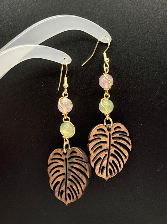 Dangly Monstera Crystal Earrings with Natural Pink and Yellow Morganite