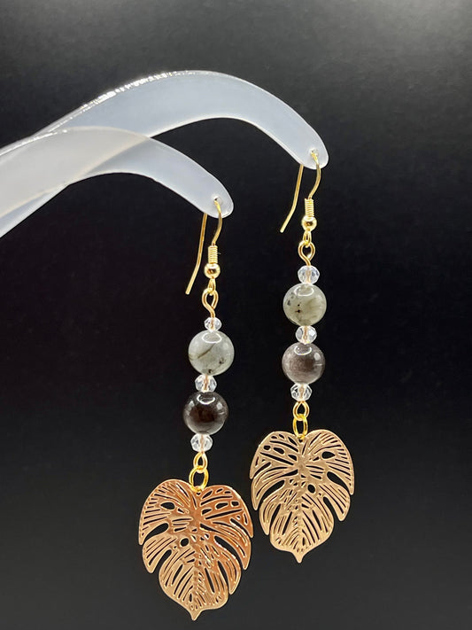 Dangly Monstera Crystal Earrings with Natural Labradorite and Silver Sheen Obsidian