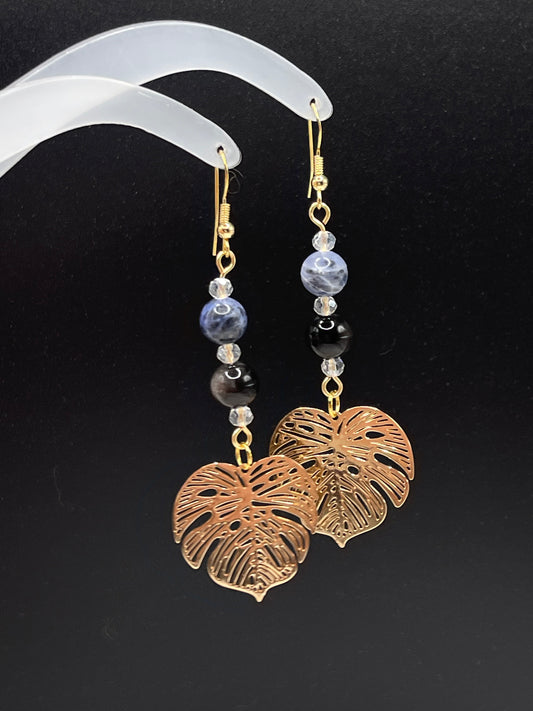 Dangly Monstera Crystal Earrings with Natural Sodalite and Silver Sheen Obsidian