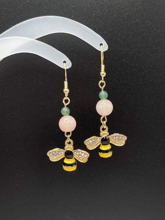 Dangly Honey Bee Crystal Earrings with Natural Moss Agate and Morganite