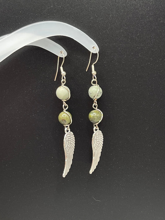 Dangly Angel Wing Crystal Earrings with Natural Dendritic Agate and Bloodstone