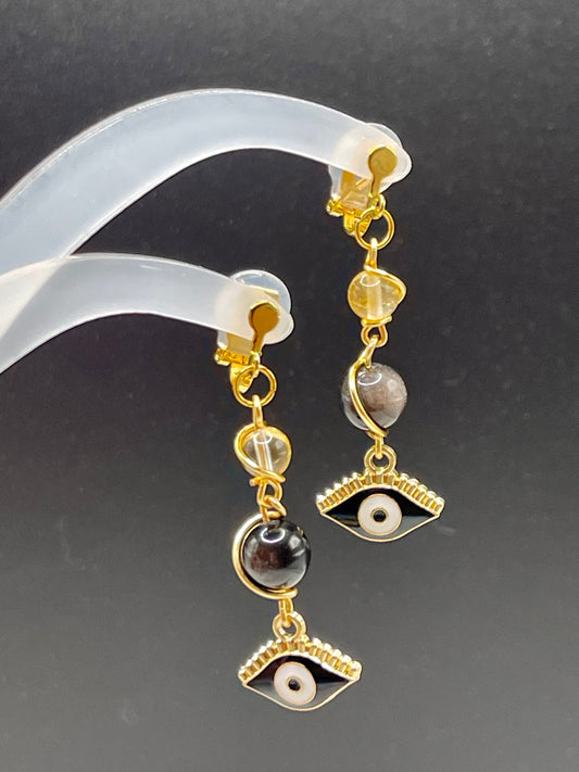 Dangly Clip on Protective Evil Eye Crystal Earrings with Citrine and Silver Sheen Obsidian