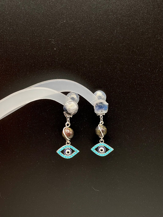 Dangly Clip on Protective Evil Eye Crystal Earrings with Rainbow Moonstone and Bloodstone