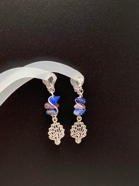 Dangly Clip on Peacock Crystal Earrings with Lapis Lazuli and Amethyst