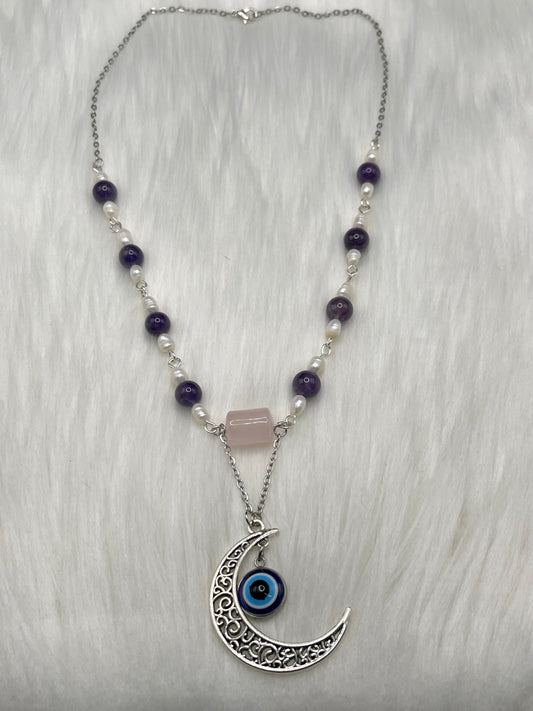 ✨ Celestial Harmony: Amethyst, Rose Quartz, and Pearl Moon Necklace ✨